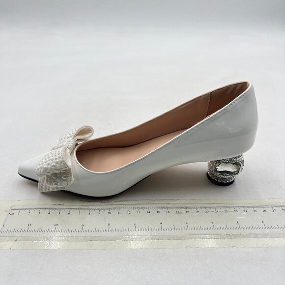 FSJ White Pointed Toe Crystal Pump Rhinestone Bow Block Low Heel Slip On Shoes - Picture 2 of 8